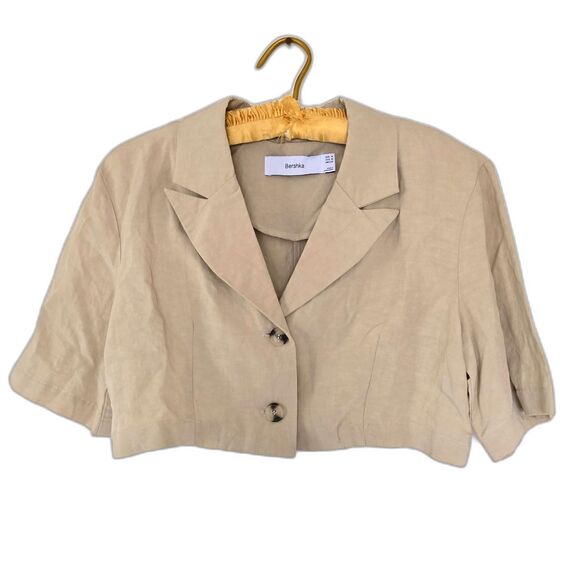 Bershka Crop Linen Blend Blazer Beige Neutral Minimalist Old Mone Y2K Streetwear - Picture 1 of 3